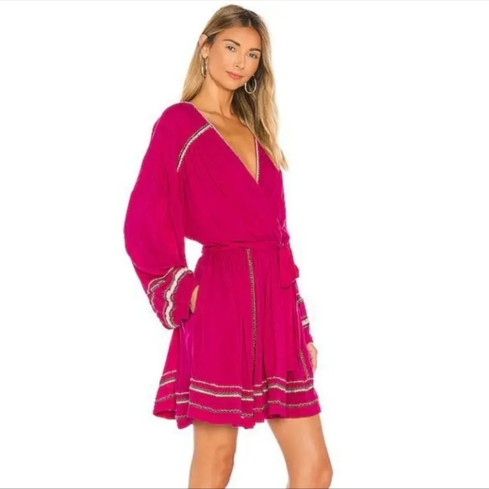 FREE PEOPLE Women's Delilah Embroidered Wrap Mini Dress In Hot Pink Boho Size M
